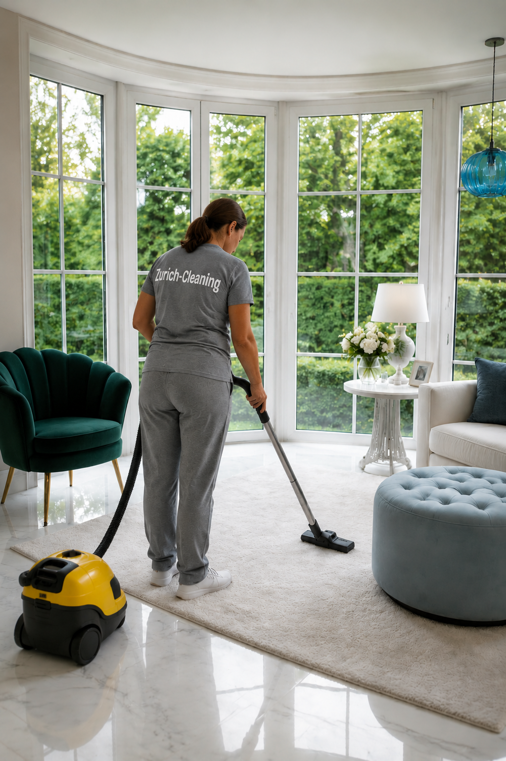 Funcionária da Zurich-Cleaning a aspirar sala de estar em Zurique